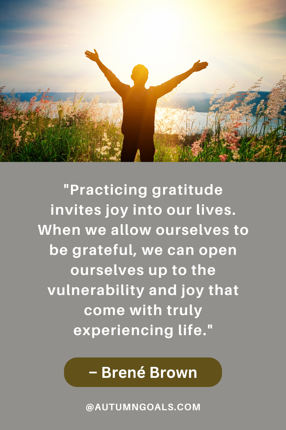 "Practicing gratitude invites joy into our lives. When we allow ourselves to be grateful, we can open ourselves up to the vulnerability and joy that come with truly experiencing life." - Brené Brown