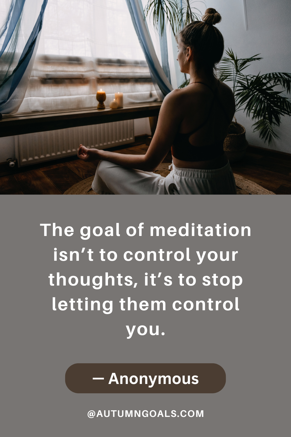 "The goal of meditation isn’t to control your thoughts, it’s to stop letting them control you." — Anonymous